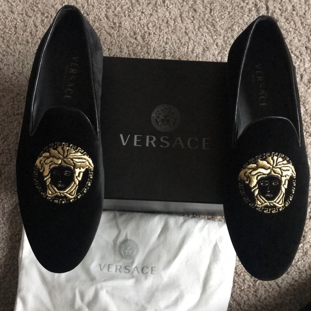 Versace Black and gold velvet slippers.Size 10.5